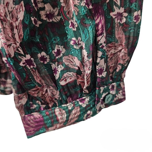 Melloday Long Sleeve Semi Sheer Floral Purple And Green Button Up Blouse - Picture 7 of 9